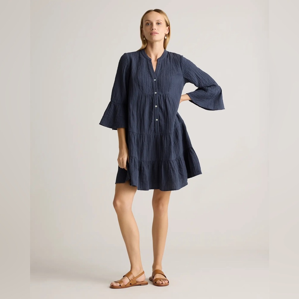 Quince 100% Organic Cotton Gauze Long Sleeve Tiered Mini Dress; Medium; Navy